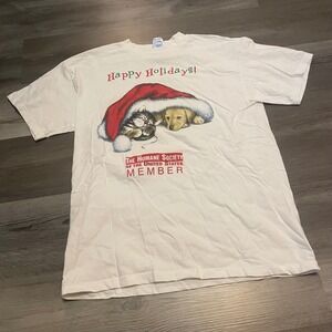 Vintage Humane Society Member Happy Holidays T-Shirt Mens Large White Puppy Cat